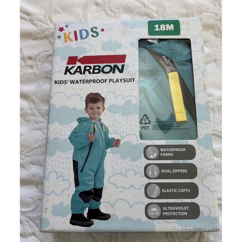 Toddler Rain Suit Bibs Karbon Size 18 Months Teal Blue Green Waterproof UV+50